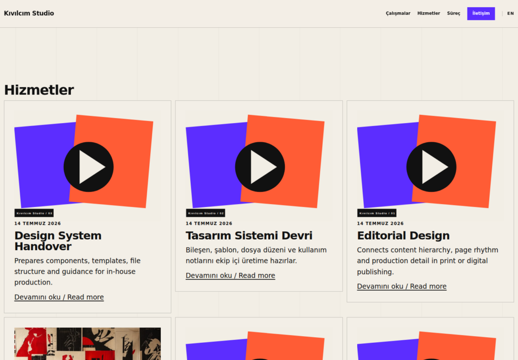 Kıvılcım Studio web sitesi — İç sayfa görünümü