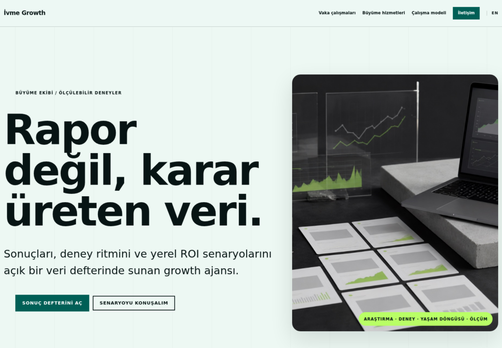 İvme Growth web sitesi — masaüstü görünümü