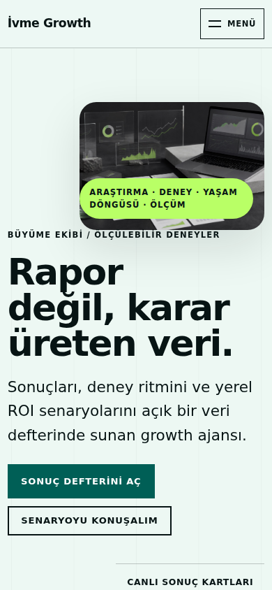 İvme Growth web sitesi — mobil görünümü