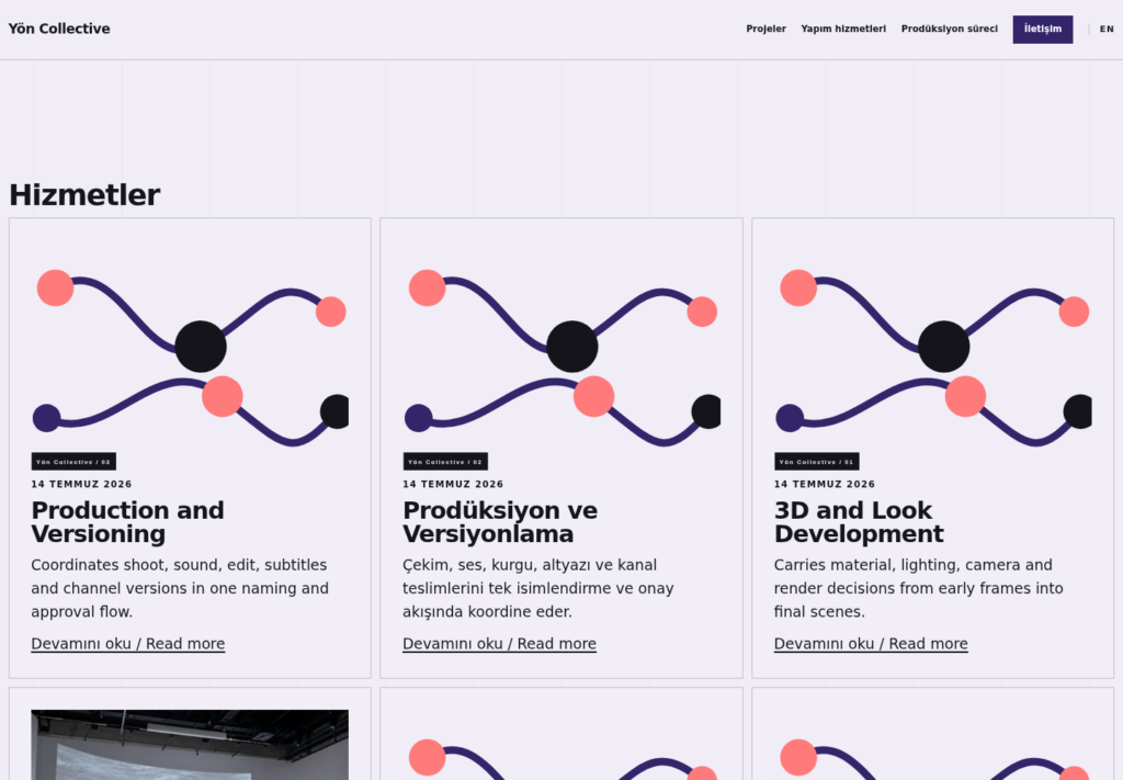 Yön Collective web sitesi — İç sayfa görünümü