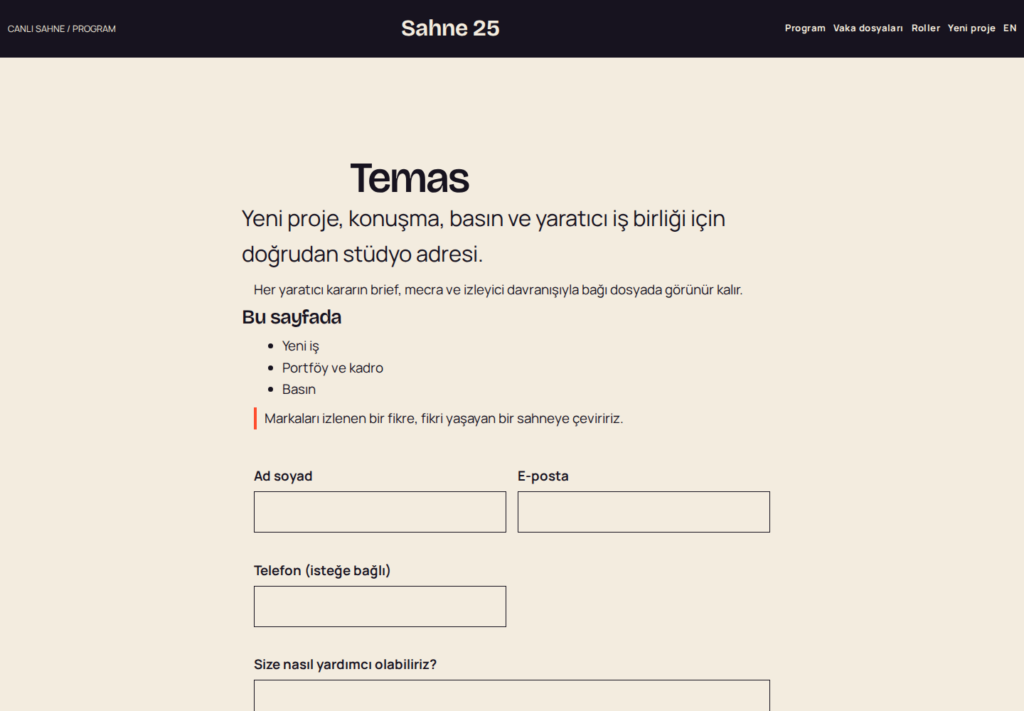 Sahne 25 web sitesi — dönüşüm görünümü