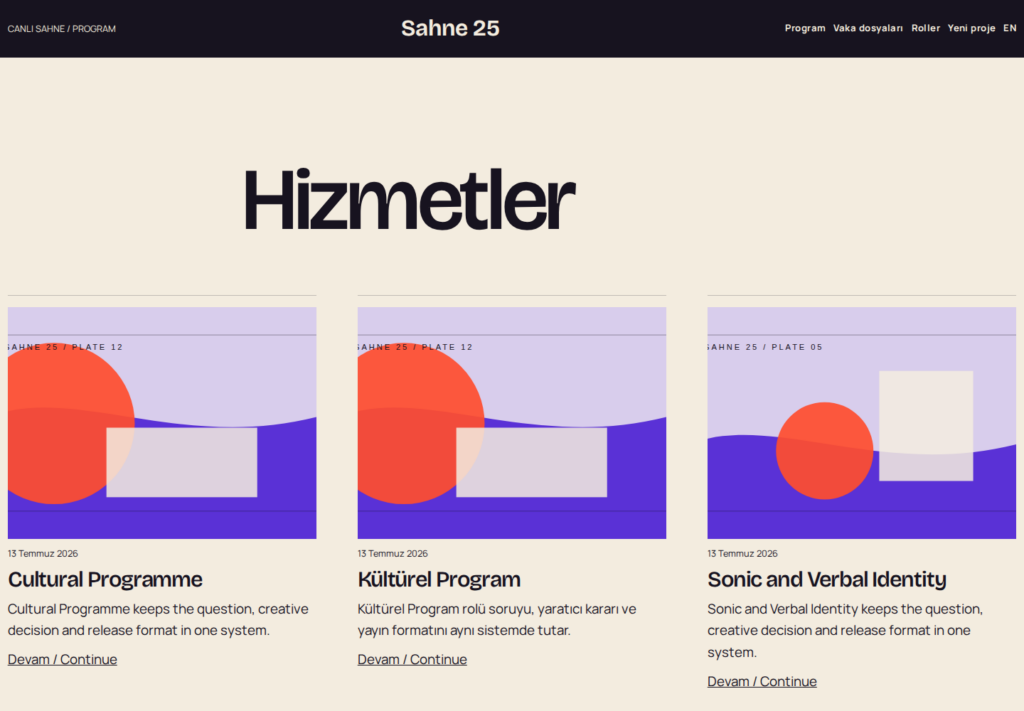 Sahne 25 web sitesi — İç sayfa görünümü