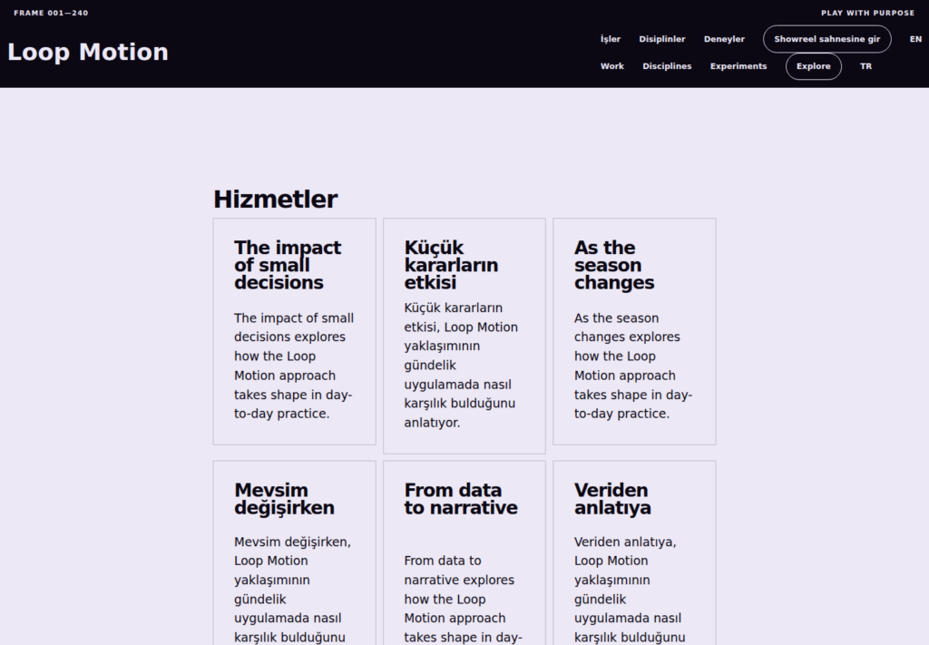 Loop Motion web sitesi — İç sayfa görünümü