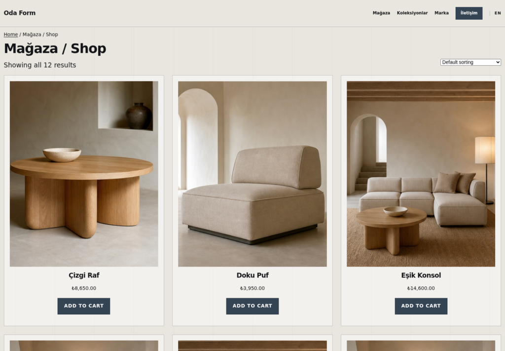 Oda Form web sitesi — İç sayfa görünümü