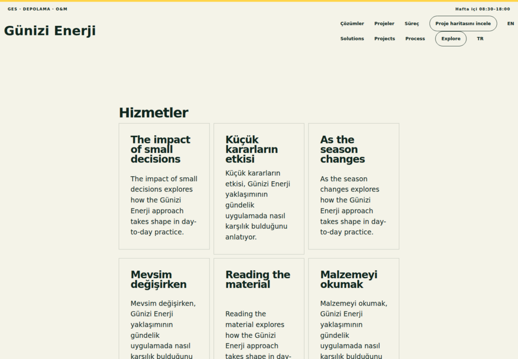 Günizi Enerji web sitesi — İç sayfa görünümü