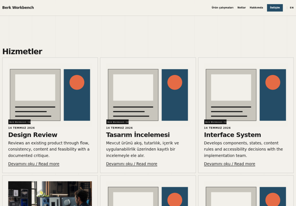 Berk Workbench web sitesi — İç sayfa görünümü