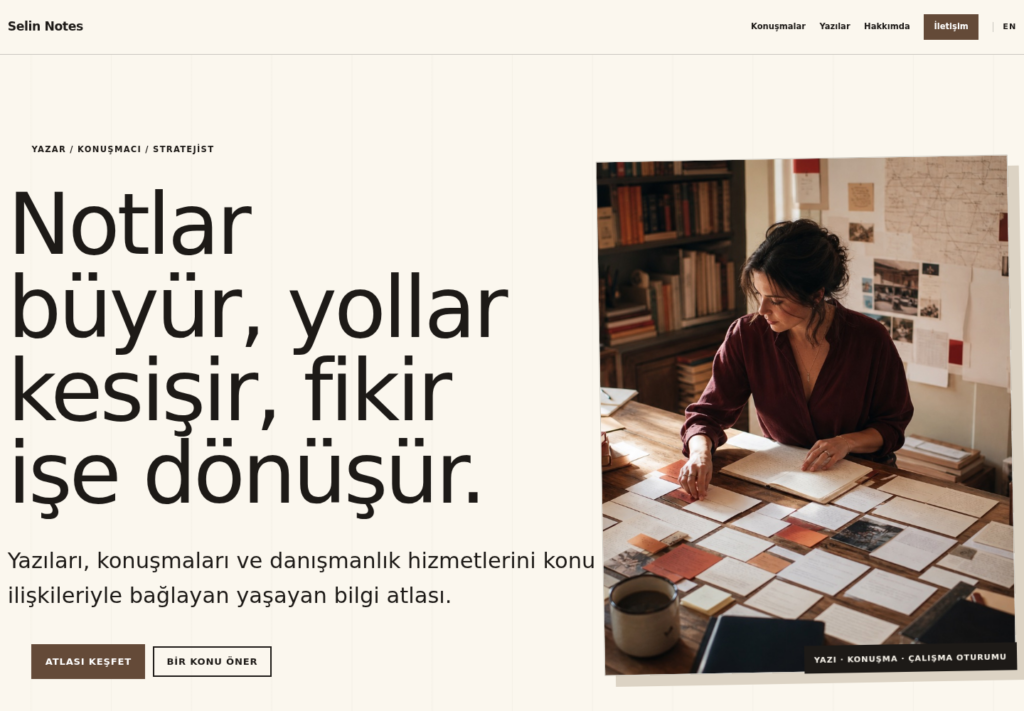 Selin Notes web sitesi — masaüstü görünümü