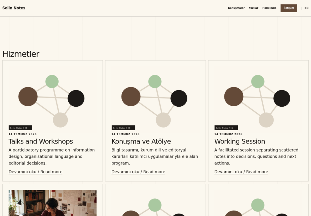 Selin Notes web sitesi — İç sayfa görünümü