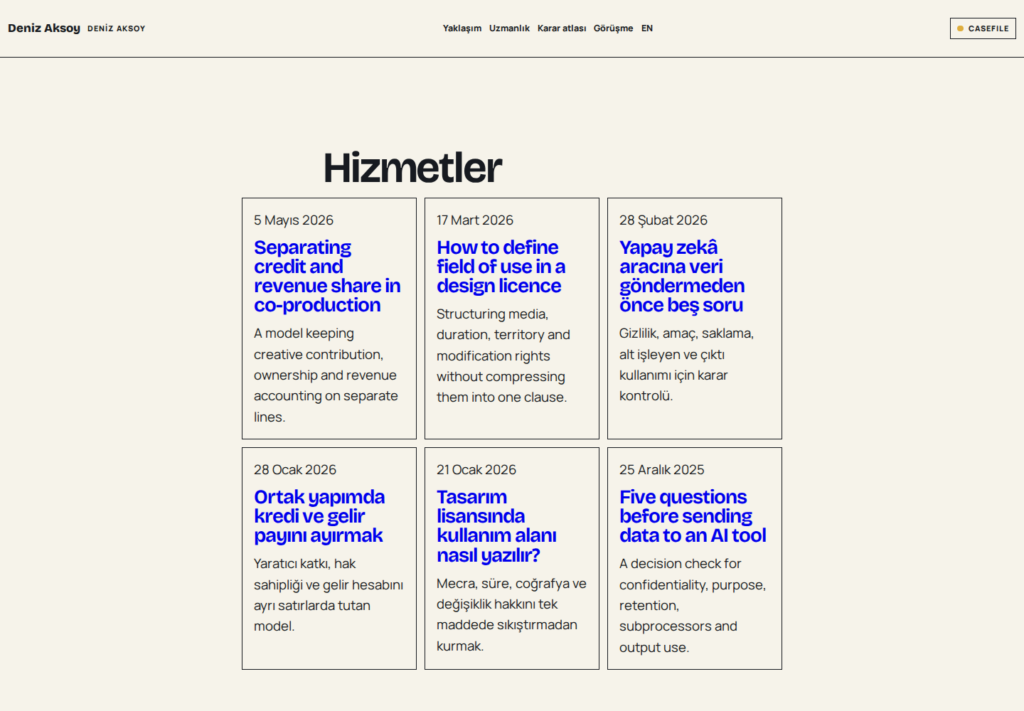 Deniz Aksoy web sitesi — İç sayfa görünümü
