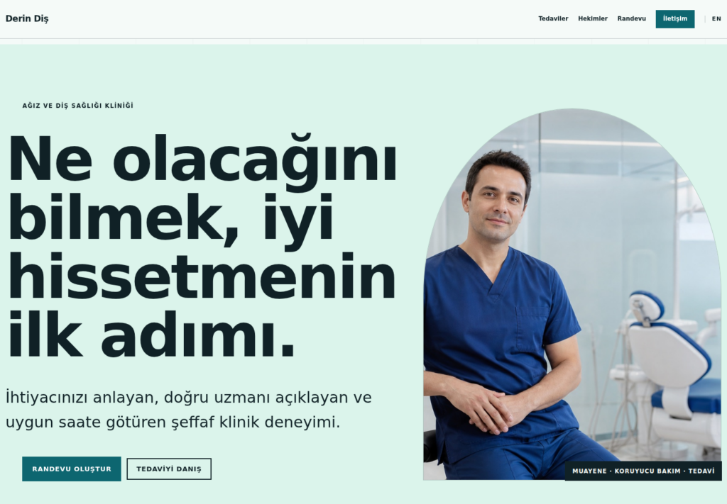 Derin Diş web sitesi — masaüstü görünümü