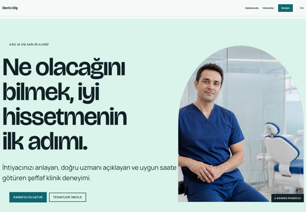 Derin Diş web sitesi — masaüstü görünümü