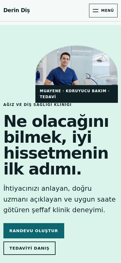 Derin Diş web sitesi — mobil görünümü