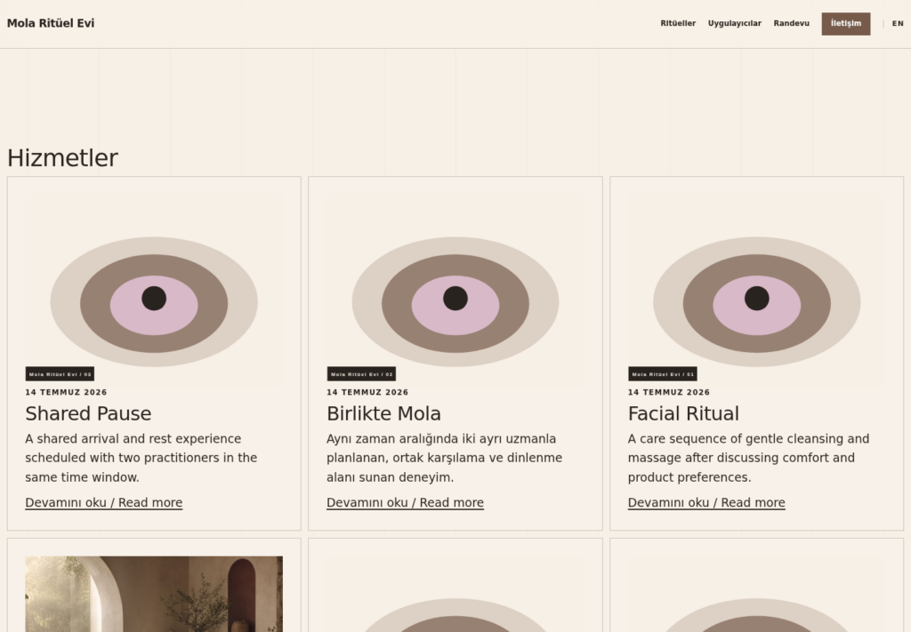 Mola Ritüel Evi web sitesi — İç sayfa görünümü