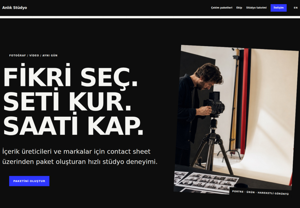 Anlık Stüdyo web sitesi — masaüstü görünümü