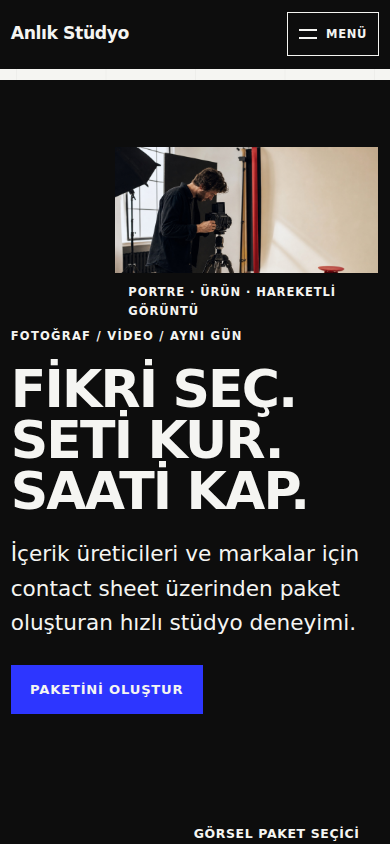 Anlık Stüdyo web sitesi — mobil görünümü