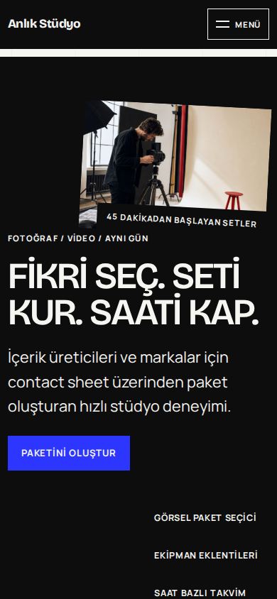 Anlık Stüdyo web sitesi — mobil görünümü