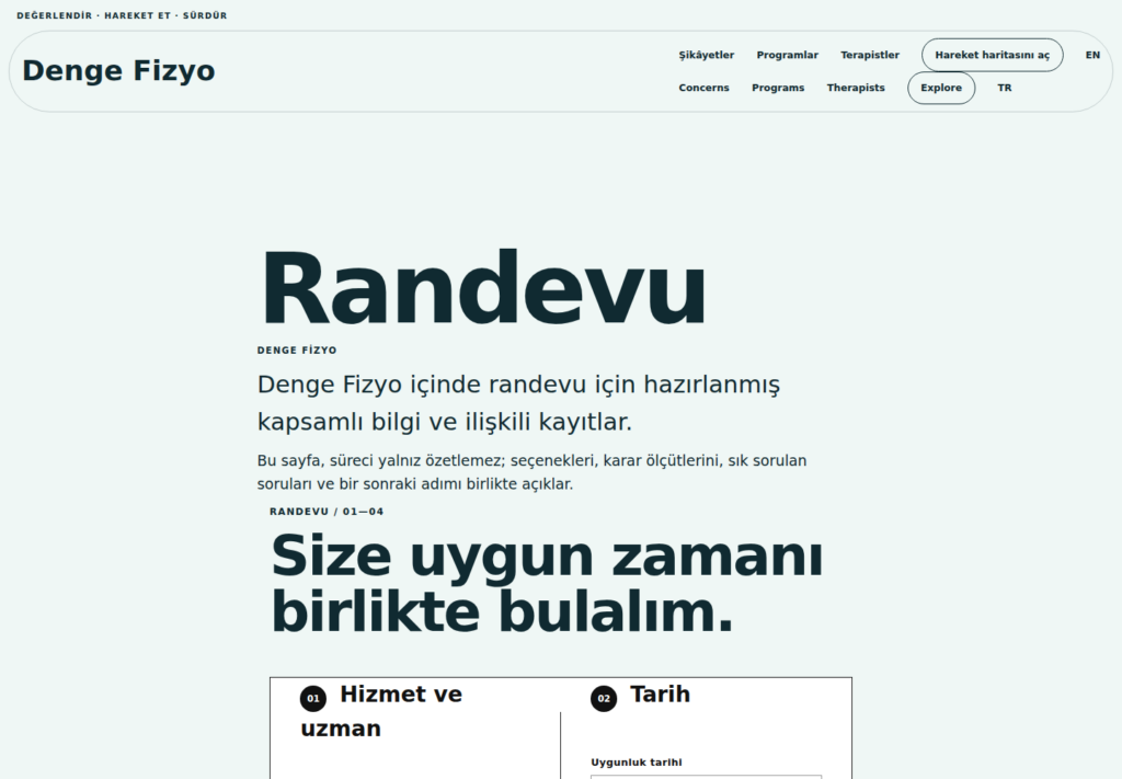 Denge Fizyo web sitesi — dönüşüm görünümü