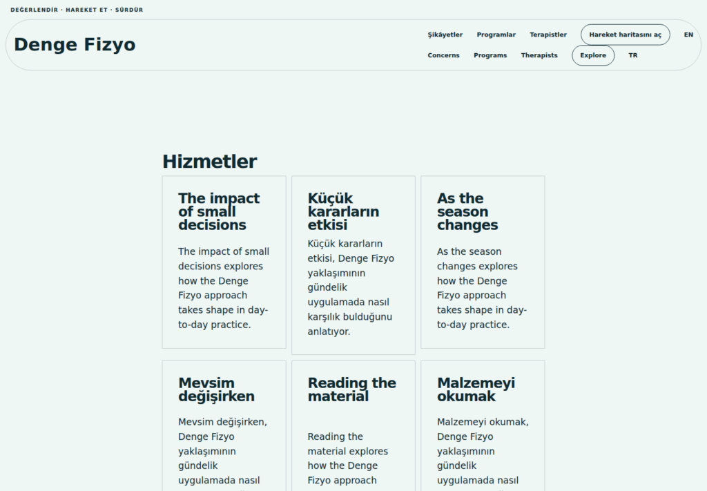 Denge Fizyo web sitesi — İç sayfa görünümü