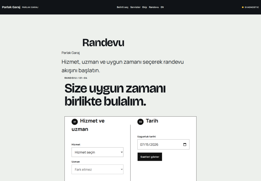 Parlak Garaj web sitesi — dönüşüm görünümü