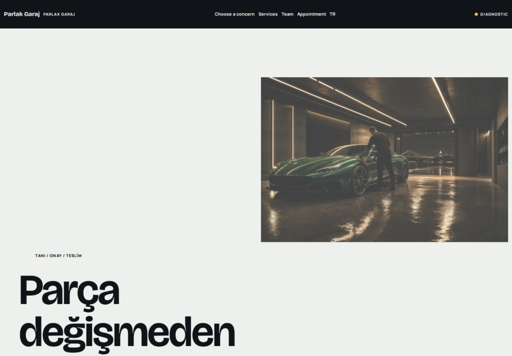 Parlak Garaj web sitesi — masaüstü görünümü