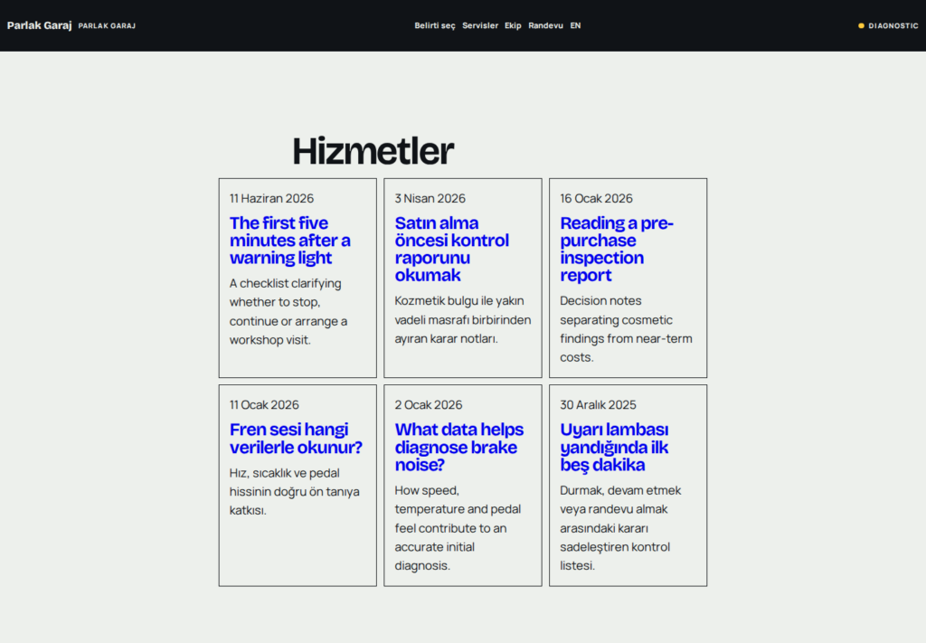 Parlak Garaj web sitesi — İç sayfa görünümü