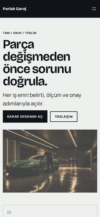 Parlak Garaj web sitesi — mobil görünümü